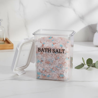 Qinpufu 61 oz Bath Salt Jar, Plastic Bath Salt Container with Scoop, Airtight Storage with Locking Lids, Stackable Clear Canister for Epsom Salt, Bathtub Accessories
