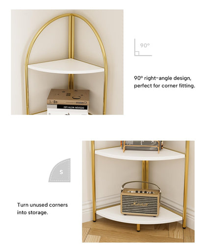 Rifoer 5 Tier Corner Shelf, Luxury Gold Corner Plant Stand with White Wood Shelves,Modern Metal Corner Bookshelf Display Rack,Premium Corner Storage Shelving Unit for Living Room,Bedroom,Bathroom
