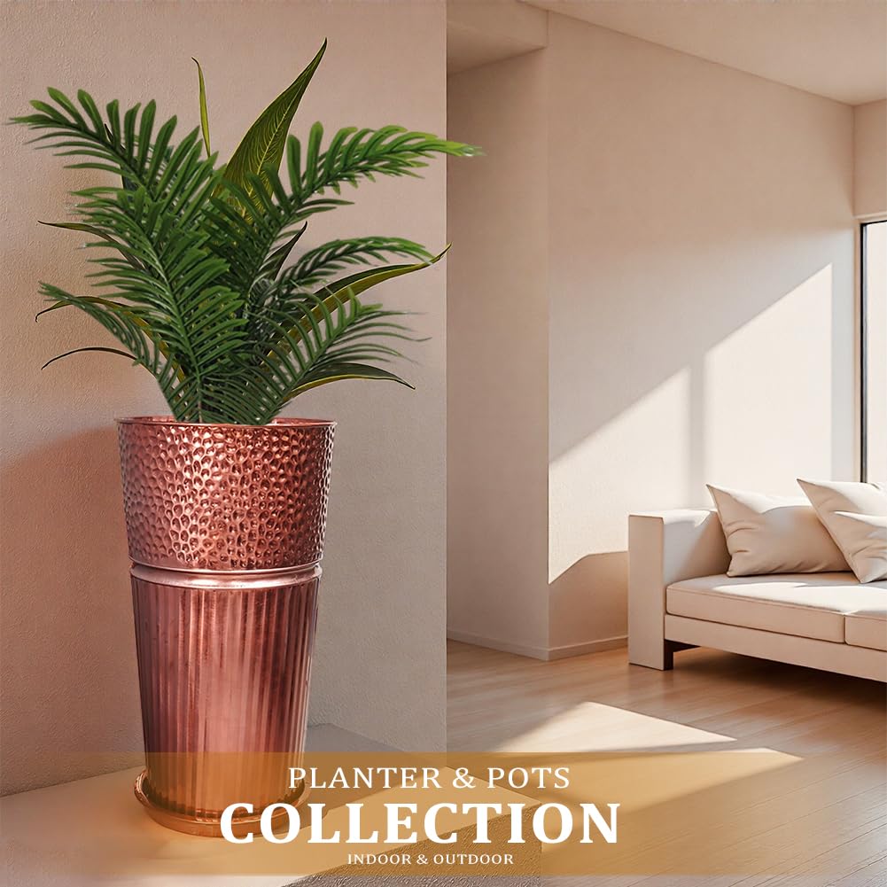 Megawodar 2 Pcs Pack Metal Tall Tapered Planter Pots Large Round Planter Flower Pot with Drainage Holes for Indoor Outdoor Deck Porch Garden Home Patio Front Door (Glossy Copper, Small)