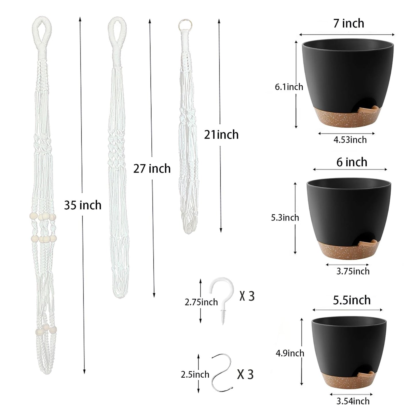 BLEAFLUV Hanging Planters with Macrame Plant Hangers for Indoor Outdoor Plants, 3 Set Hanging Baskets Flower Pots Holders 35''/27''/21'', Self-Watering Pots 7''/6''/5.5'', Boho Home Decor, Black