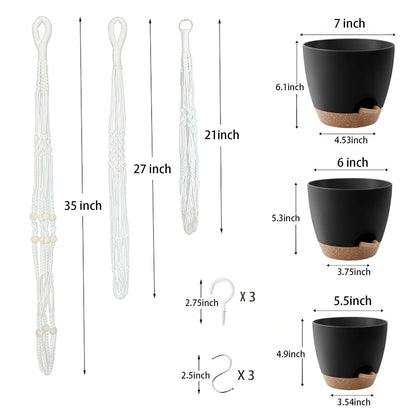 BLEAFLUV Hanging Planters with Macrame Plant Hangers for Indoor Outdoor Plants, 3 Set Hanging Baskets Flower Pots Holders 35''/27''/21'', Self-Watering Pots 7''/6''/5.5'', Boho Home Decor, Black