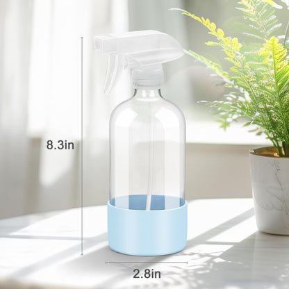 Worldgsb 2 Pack Glass Spray Bottles with Silicone Sleeve, 16 oz Empty Refillable Containers with Adjustable Spray Nozzles, Spray Bottles for Hair, Cleaning Solutions and Plants Blue&Grey
