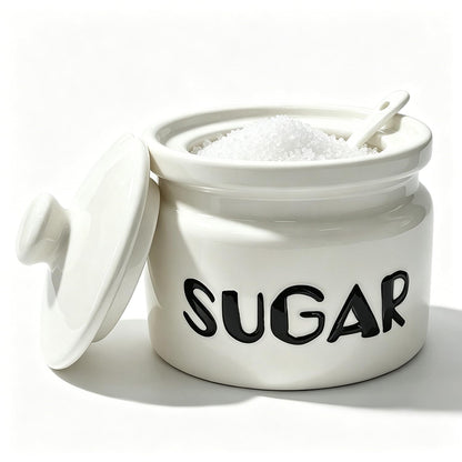 Obantrsz Sugar Bowl with Lid and Spoon, 10oz Ceramic Sugar Container Jar - Modern Farmhouse Style with Black Embossed Lettering for Coffee Bar, Tea Station, Kitchen Countertop & Dining Table Decor