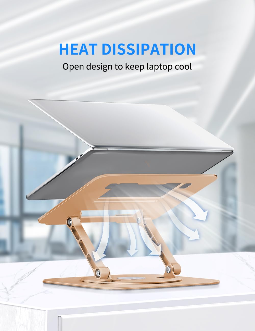 Adjustable Computer Stand with 360 Rotating Base, Ergonimic Foldable Laptop Riser for Desk Compatible with MacBook Pro/Air Notebook up to 16 Inches, Silver