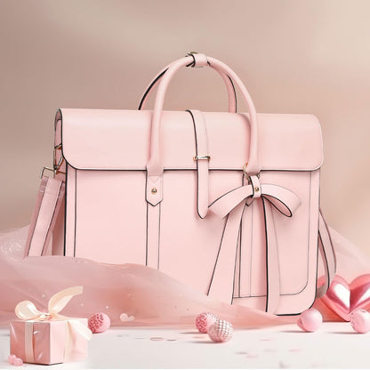 MOSISO Laptop Bag for Women, 15-15.6 inch PU Leather Laptop Shoulder Bags Convertible Backpack, 16 inch Messenger Bags Casual Handbag Work Briefcase Travel Computer Bag with Bowknot, Pink