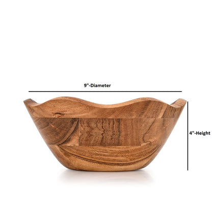 Mahasu Fruit Bowl Acacia Wood Ruffle Decorative Style Home Decor for Dining Table Fits Bread, Fruits, Salad or Popcorn (9" x 9" x 4")