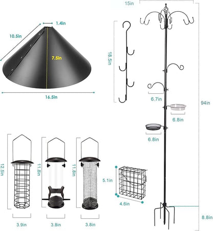 Bird Feeding Station Kit Bird Feeder Pole Wild Bird Feeder Kit with Squirrel Baffle and Suet Cage Mesh Tray Fruit Hook Double W Hook for Attracting Wild Birds