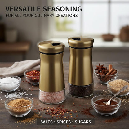 Elegant Gold Salt and Pepper Shaker Set Adjustable Pour Holes Stainless Steel and Glass Modern Design Adjustable Top Makes it the ideal Spice and Seasoning Dispenser Kitchen Sugar and Cinnamon Shakers