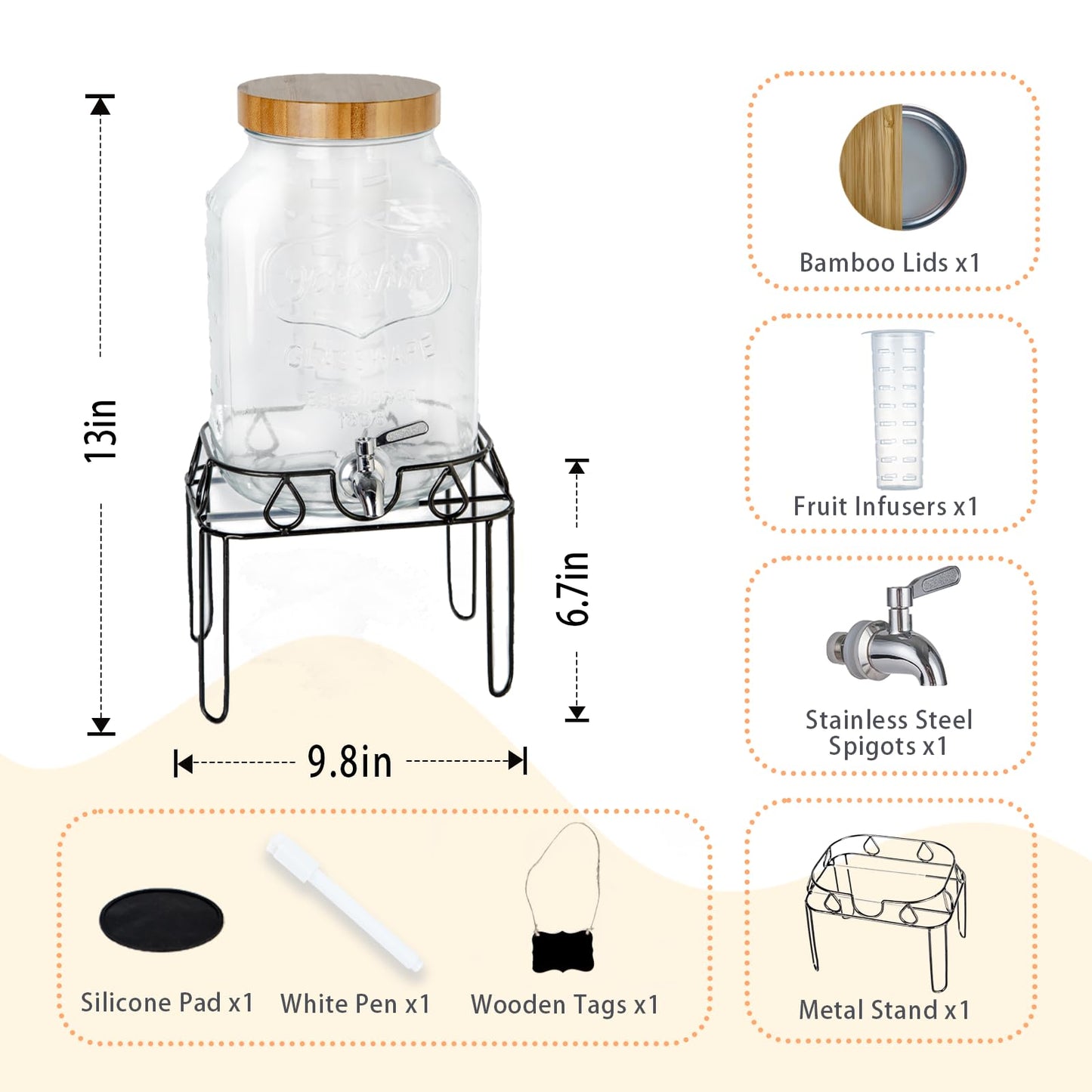2 Gallon Glass Drink Dispenser with Stand and Bamboo Lid, Lemonade Dispenser with Stainless Steel Spigot, Glass Beverage Dispenser for Parties, Weddings, Kombucha, BBQ