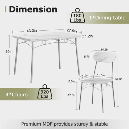 VECELO Dining Table Set for 4, 5-Piece Kitchen Table with 4 Chairs, MDF Board Tabletop with Metal Frame for Small Space, Compact Dinette, Breakfast Nook, Marble White