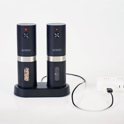 Electric Salt and Pepper Grinder Set, Rechargeable Base, Automatic Salt & Pepper Mill Refillable with USB Cables, Salt and Pepper Shakers, LED Light, One Hand Operation, 2 Adjustable Coarseness Mills