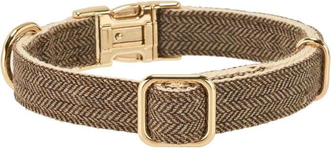 Luxury Soft Cotton Tweed Fabric Dog Collar & Leash Set with Gold Buckle – Durable Fabric, Stylish Design for Everyday Walks(Medium Coffee)