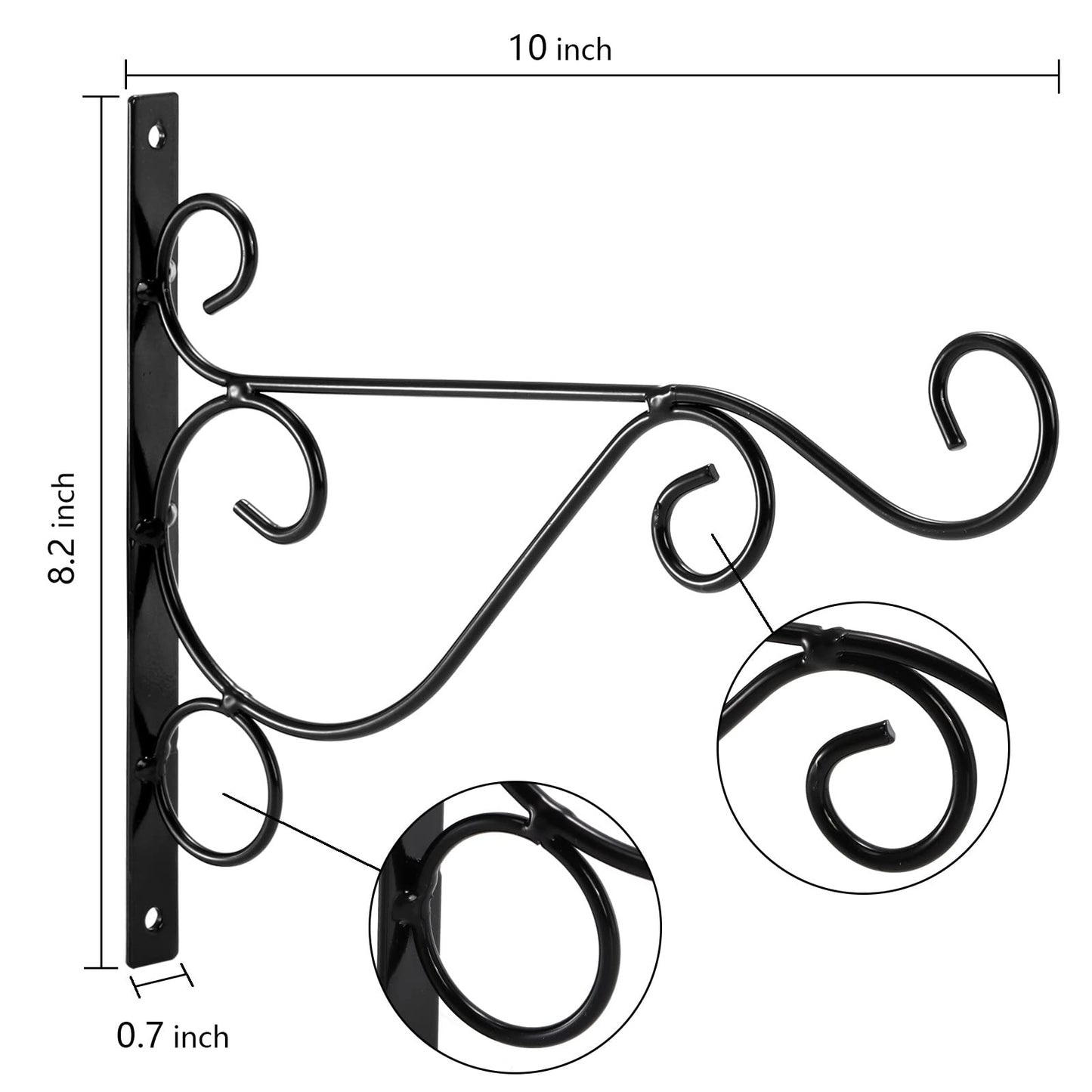Fasmov 6 Pack Hanging Plant Brackets, 10" Sturdy Iron Wall Mount Flower Basket Hook Indoor Outdoor Bracket for Hanging Bird Feeders, Lanterns, Planters, Wind Chimes, Ornaments with Screws (Black)