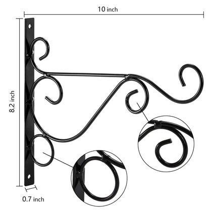 Fasmov 6 Pack Hanging Plant Brackets, 10" Sturdy Iron Wall Mount Flower Basket Hook Indoor Outdoor Bracket for Hanging Bird Feeders, Lanterns, Planters, Wind Chimes, Ornaments with Screws (Black)