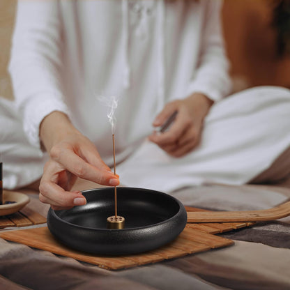 Mofunci Incense Holder for Sticks, Sage, Coil Incense, Incense Stick Holder 5.71" for Yoga Meditation Energy Cleansing, Ceramic Incense Burner Holder with 9 Holes, Ash Catcher, Smudge Bowl (Black)
