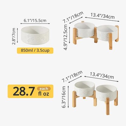 Elevated Ceramic Dog Bowl Set, 6" Dog Bowls with Dual Fixed Heights Stand, 3.5 Cup Food and Water Bowls for Small Breed Dogs, Microwave Safe (Double Bowls + Stand - White, 6 inch)