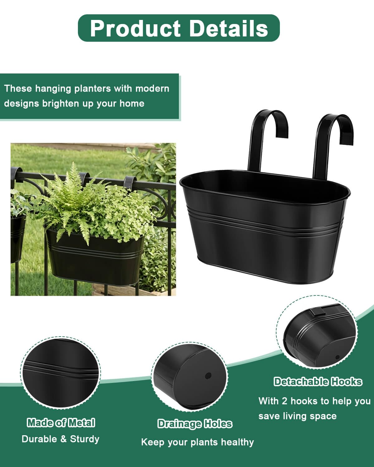 Metal Railing Planters for Outdoor Plants - 3 Pcs Balcony Hanging Flower Pots with Detachable Hooks & Drain Holes, Windowsill Oval Hanging Bucket Pots Fence Planters for Garden Home Decor, Black