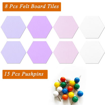 HULAVO 8 Pcs Hexagon Felt Cork Bulletin Board Tiles, Self Adhesive DIY Bulletin Board Pin Board for Office School Home Wall Decor Memos Photos Display(Purple & Pink)