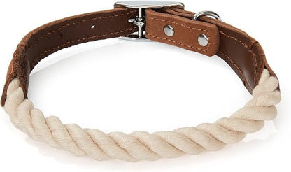 Mile High Life Genuine Leather Dog Collar, Durable Braided Cotton Rope Collar with Metal Pin Buckle for Small Medium Large Dogs (Beige, S Neck 11"-15")