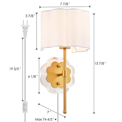 MhyTogn Modern Plug-in Wall Sconce Set of 2, with Creamy-White Fabric Flower and Antique Brass Brush Paint Finish Shade for Vanity Stairway Fireplace Kitchen Living Room Bedside