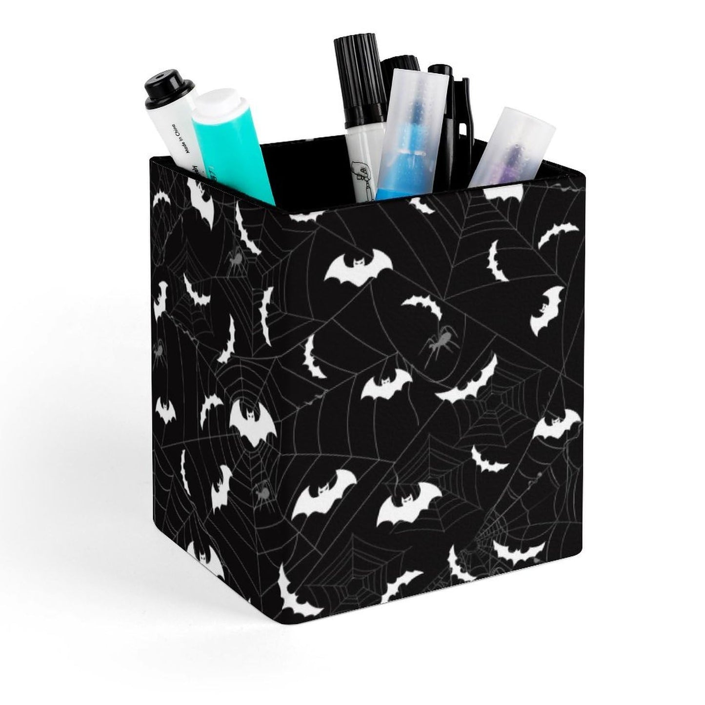 DerlonKaje Bats Square Leather Pen Holder, Minimalist Desk Organizer for Office Home School, Pencil & Stationery Storage Box, Gift for Students Teachers Colleagues