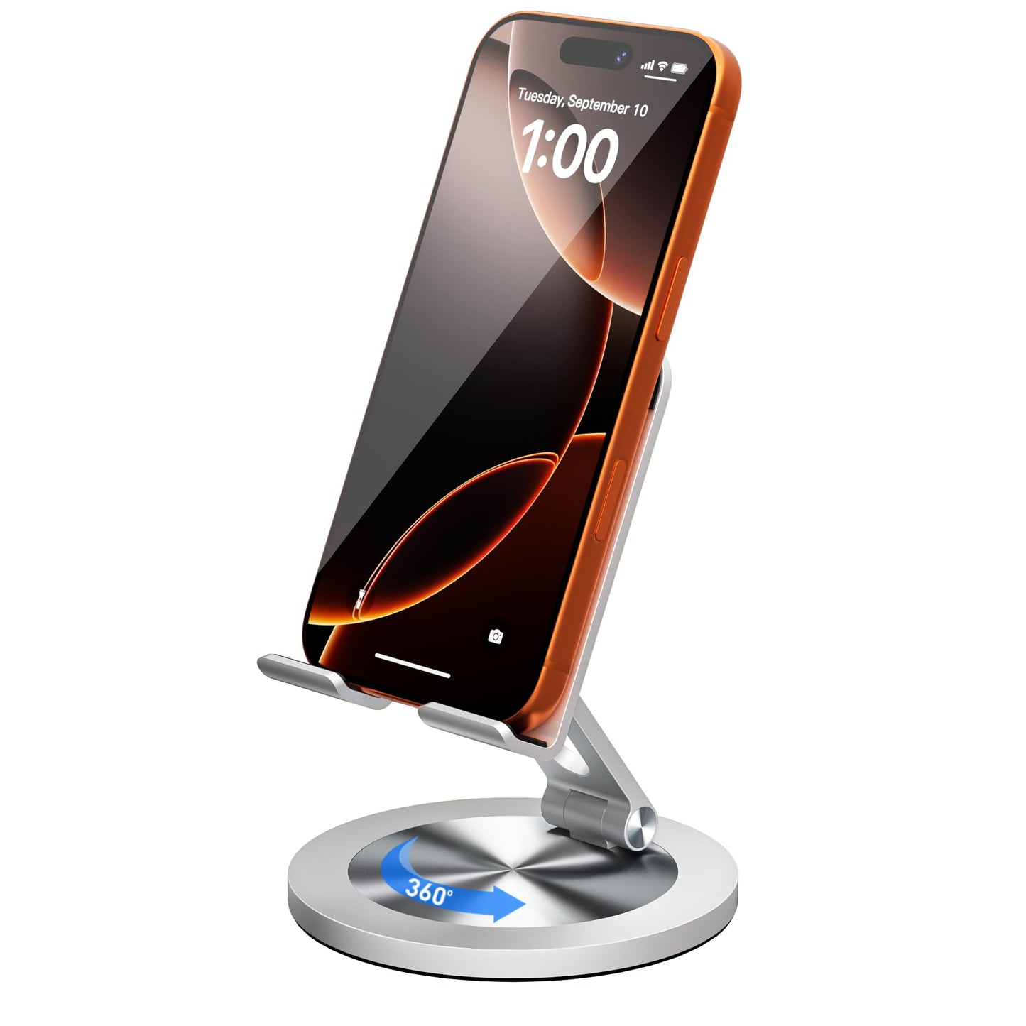 YCNEW Phone Stand for Desk, 360° Rotating Dual Adjustable Foldable Holder, Heavy Solid All-Aluminum Base Anti-Slip Stable Support for Home Office Study, Fits iPhone Galaxy 4-8" Phones (Silver)