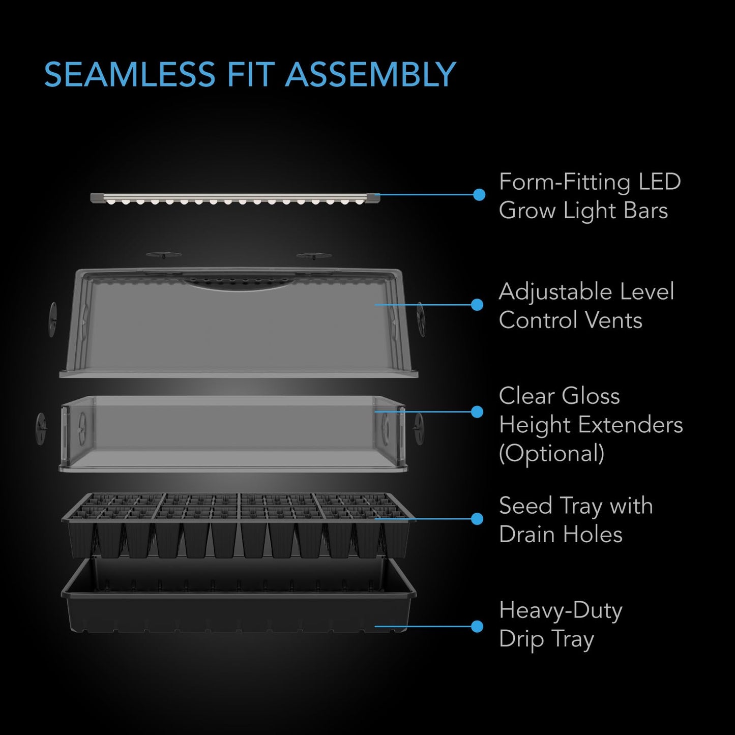 AC Infinity Heavy-Duty Large Humidity Dome w/Full Spectrum LED Grow Light Bars, Samsung LM301H EVO Diodes, 3mm Thickest Dome and 6x12 Trays, Vent Extension Panels, for Seed Starting and Propagation