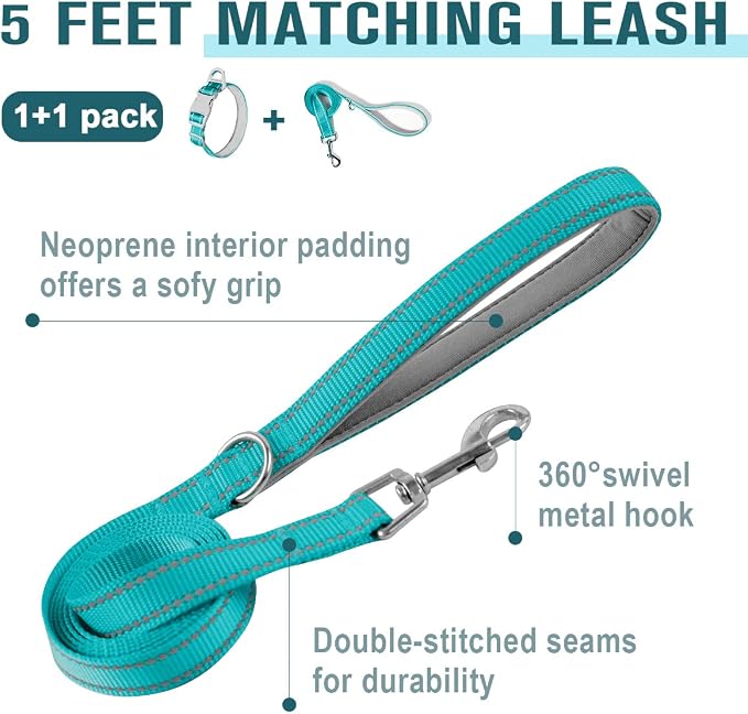 Dog Collar for Medium Small Large Dogs Reflective with Leash,Collar and Leash for Dogs,Soft Neoprene Padded 2 Pack(Ocean Blue,XS)