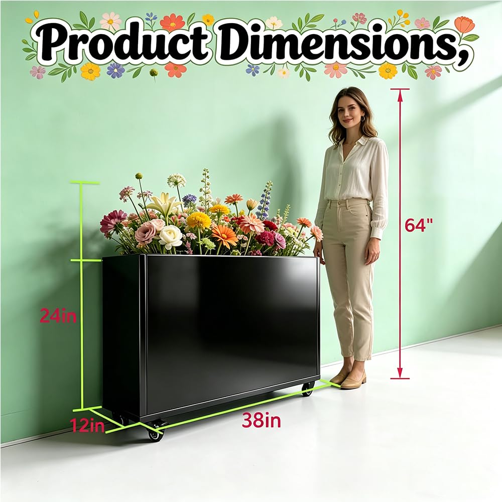 biubiusot Modern Metal Planter Box, Large Rectangular Planter for Outdoor Plants - Heavy Duty Tall Planter Box with Lockable Wheels Outdoor Planter for Porch/Patio/Garden (Black, 38"x12"x24.5")