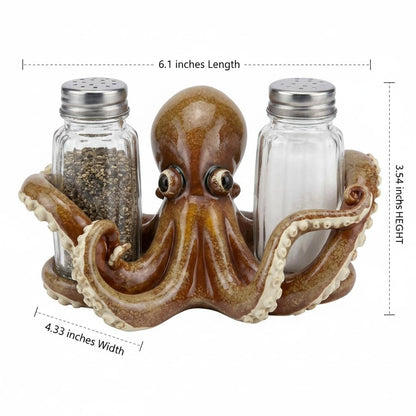 Comfy Hour Decorative Octopus Salt and Pepper Shaker Duo, Artisan Crafted Coastal Sea Life Figurine Holder for Kitchen Tabletop, Includes 2-Count Glass Bottles, 6.1"L x 4.3"W x 3.5"H, Brown Resin