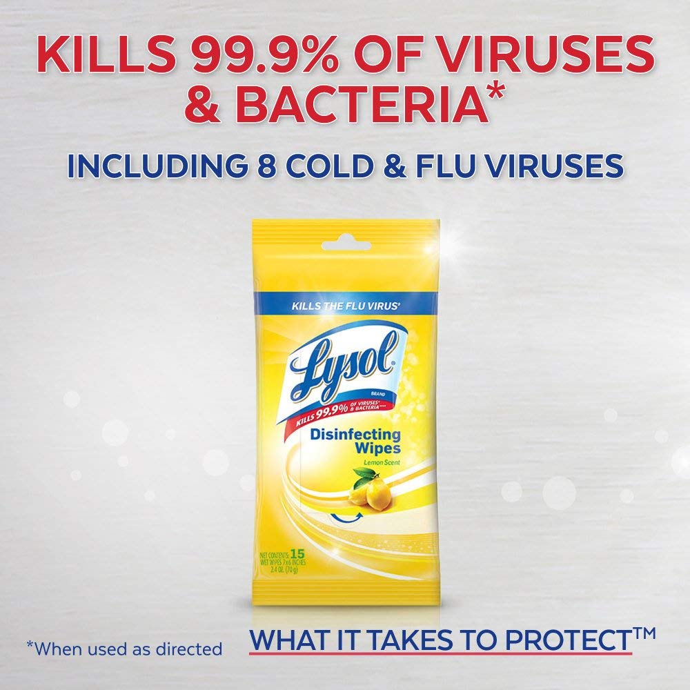 Lysol Disinfecting Wipes To-Go Pack, Lemon Scent, 15 Count (Pack of 3)