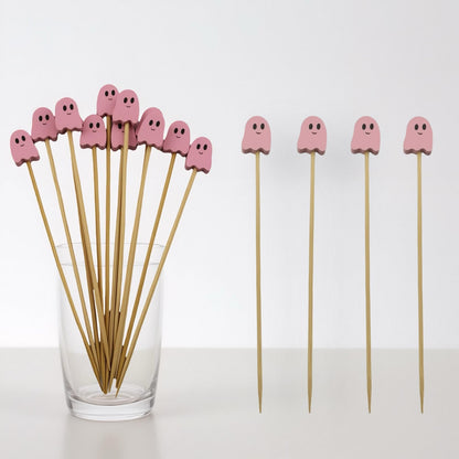 100 Pcs Ghost Cocktail Picks for Halloween and Fall – Bamboo Toothpicks with Cute Ghost Design for Appetizers, Fruit, Desserts, Coffee Drinks, Cake Toppers and Party Decorations (pink)