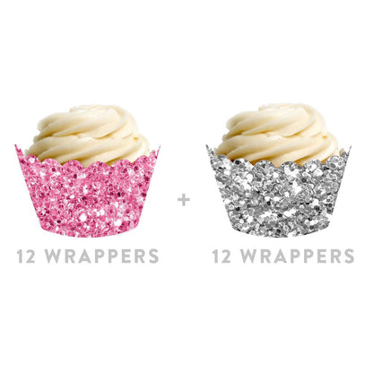 Andaz Press Party Cupcake Wrapper Decorations, Pink And Silver Glitter Paper, 24-Pack, Bulk Cake Supplies Pink Cupcake Wrappers Girl Baby Shower 1st Birthday, Not Real Glitter Silver Cupcake Wrappers