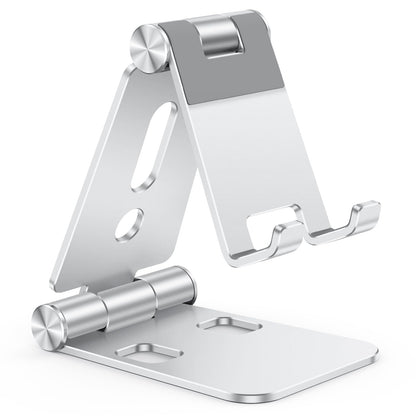 OMOTON Foldable Cell Phone Stand, C4 Portable Aluminum Phone Holder, Adjustable Phone Dock Cradle Compatible with iPhone 17/16/15 Pro Max Air, Samsung Galaxy, Small Tablets, All Smart Phones, Silver