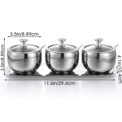 JOUTYFOR 3 Grids 304 Stainless Steel Seasoning Containers Set with Lid Spoon and Tray, Condiment Jar Spice Container, Condiment Canisters Pots for Serving Sugar, Pepper, Salt, Spice