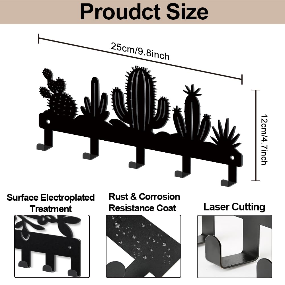 MAYJOYDIY Desert Cactus Key Holder Wall Mount Black Metal Hook Coat Hanger