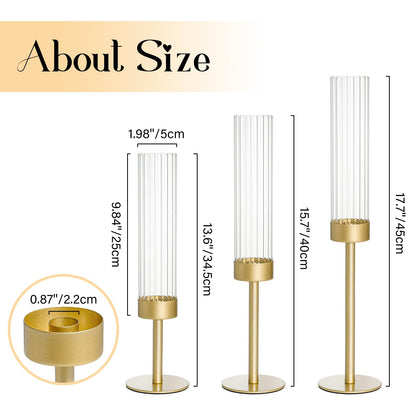 Turvono Gold Hurricane Candle Holders Set of 3, Brass Taper Candle Holders for Candlesticks, Elegant Tall Candle Sticks Holder Decor for Table Centerpiece, Wedding & Christmas Decorations