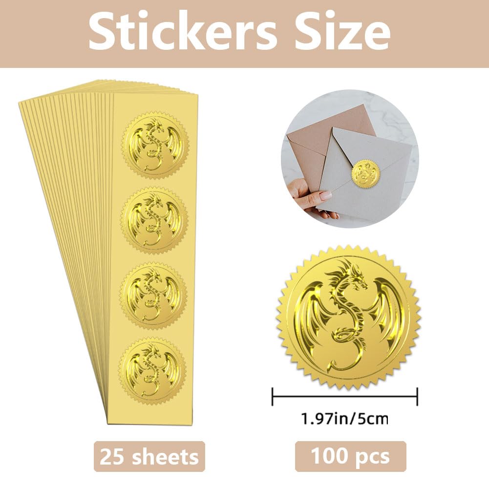 WADORN 100Pcs 2'' Dragon Embossed Gold Foil Seals, Self Adhensive Animal Round Gold Seals Sticker Labels Vintage Dragon Sticker for Envelopes Invitation Card Diplomas Awards Graduation