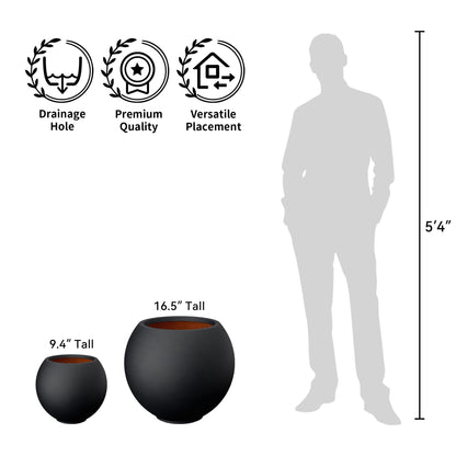 Kante Round Concrete Flower Pot, 11 Inch Dia (7.9" Opening) Sphere Shape Design Planter with Drainage Hole and Rubber Plug for Indoor & Outdoor Plants, Black Finish with Painted Interior