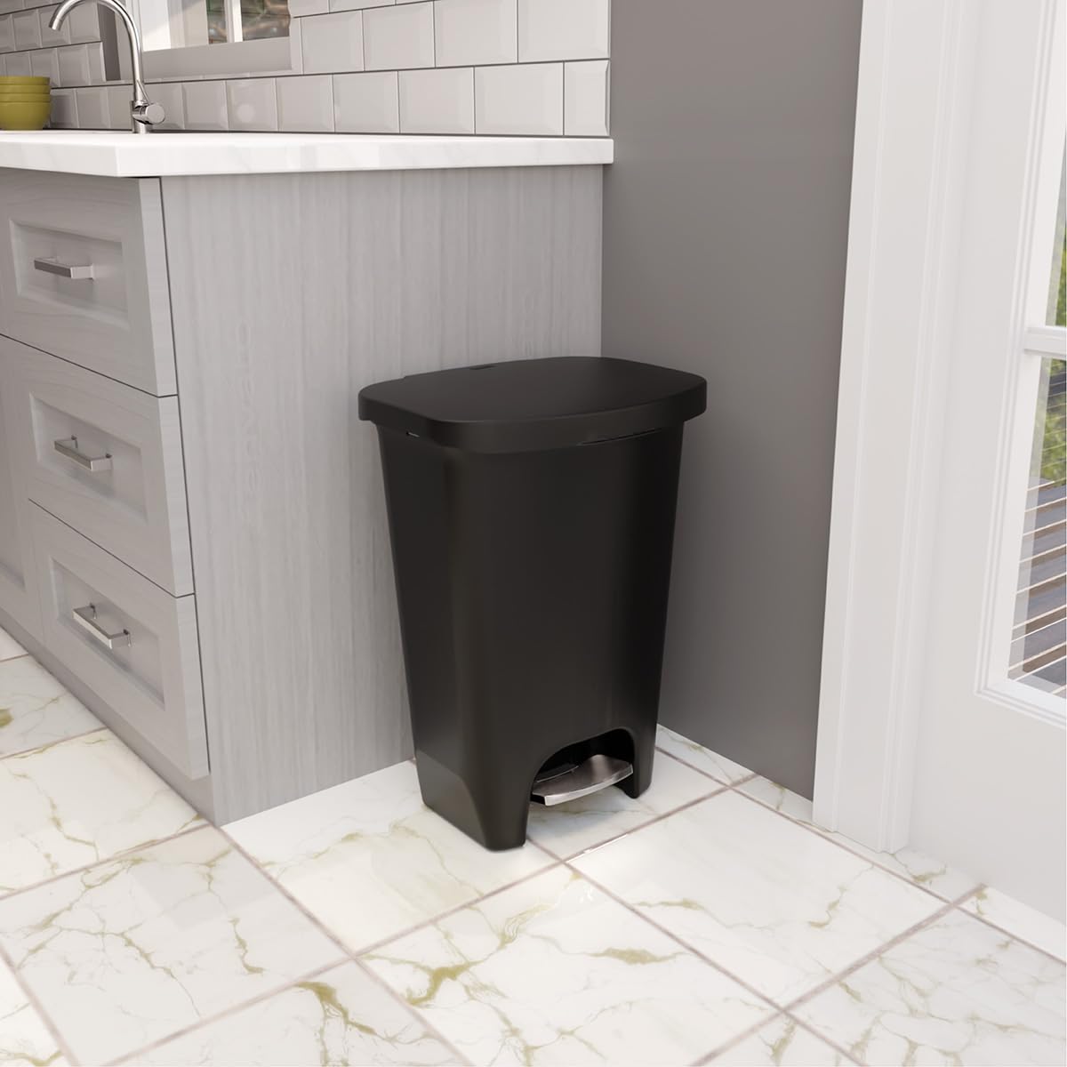 Glad Premium 20 Gallon Trash Can - Plastic Kitchen Waste Bin with Odor Protection of Lid, Stainless Steel Step On Foot Pedal and Garbage Bag Rings, Black
