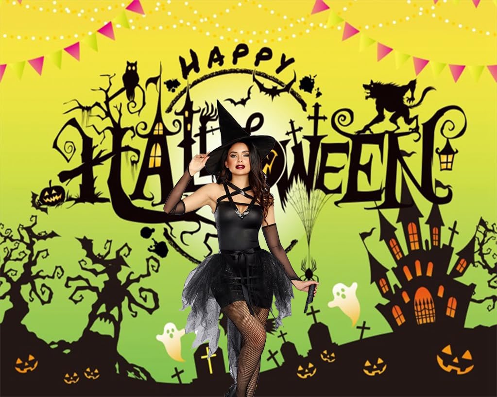 Happy Halloween Backdrop 10x8ft Green Halloween Party Backdrop Haunted Castle Ghost Scary Graveyard Pumpkin Lantern Witch Photo Background Spooky Party Decoration Banner
