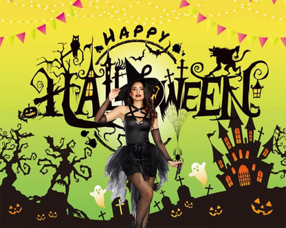 Happy Halloween Backdrop 10x8ft Green Halloween Party Backdrop Haunted Castle Ghost Scary Graveyard Pumpkin Lantern Witch Photo Background Spooky Party Decoration Banner