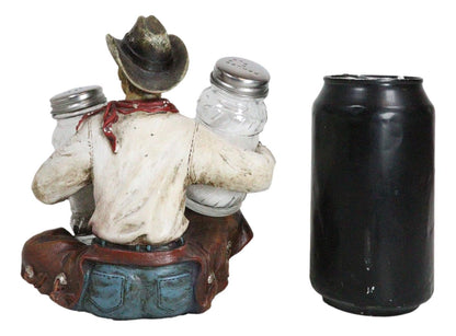Ebros Gift Country Rustic Western Howdy Wrangler Cowboy With Chaps Sitting Crossed Legs Salt and Pepper Shakers Holder Figurine Set Farmhouse Ranch Wild West Southwestern Old World Decor