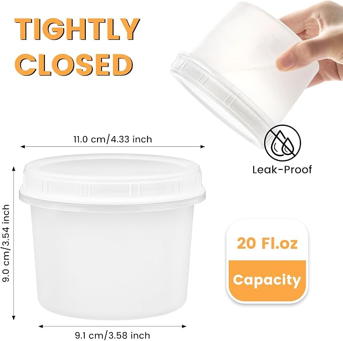 TUZAZO 12 Pack - 20 Oz Food Storage Containers with Screw Lids, Airtight Plastic Small Freezer Storage Container for Ice Cream, Overnight Oats, Snack, Soup, Portion and Meal Prep Container