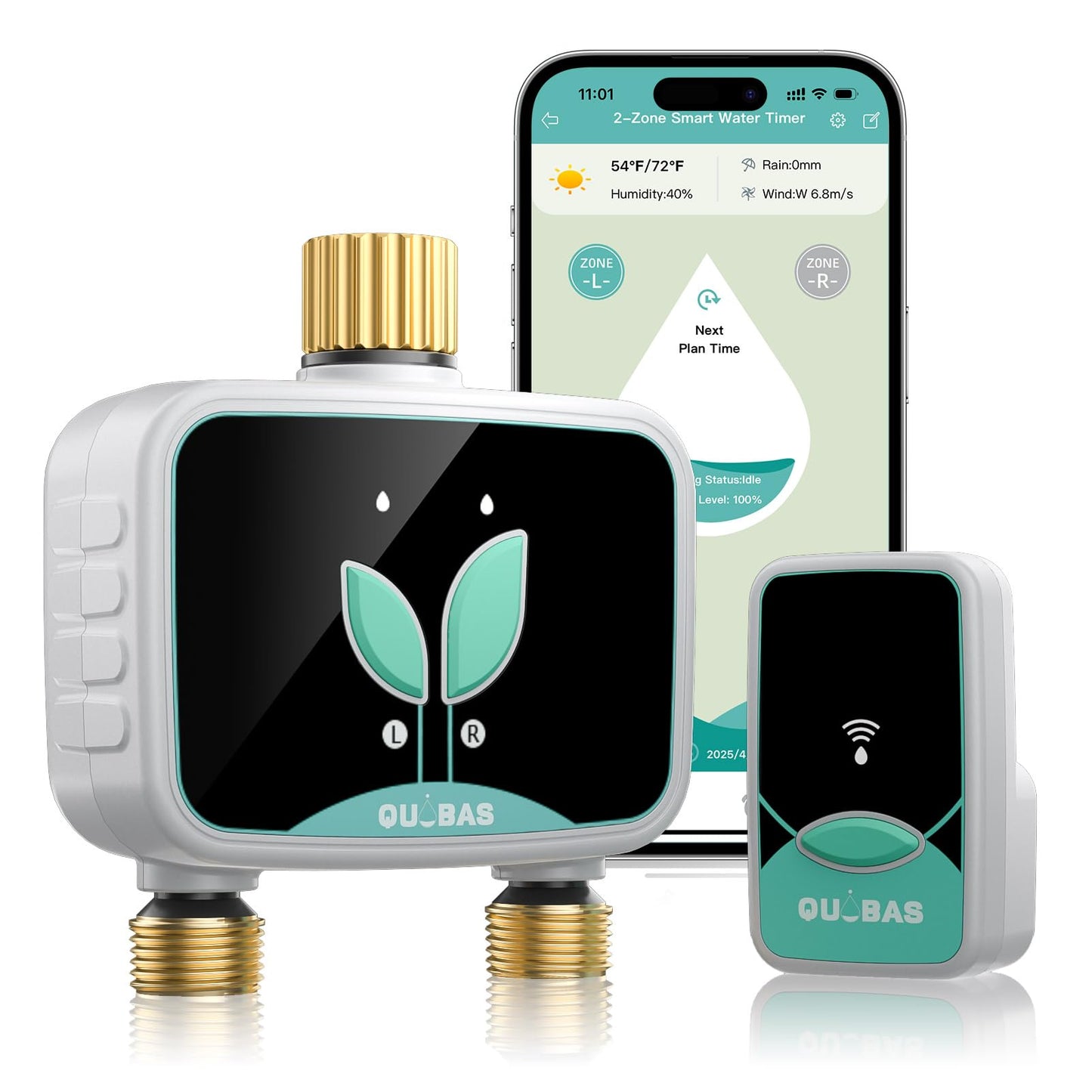 QUOBAS WiFi Water Timer for Garden Hose, 2 Zone Brass Hose Timer WiFi with App Control & Rain Delay/Auto/Manual 3 Modes for Drip Irrigation, Pool & Lawn, Battery Powered, 2.4GHz WiFi Only