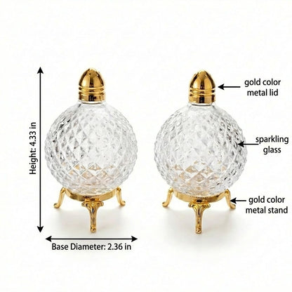 Crystal Glass Salt and Pepper Shakers with Gold Metal Stand and Lid, Diamond Cut Design, 4.33 Inches Height, 2 Piece Set