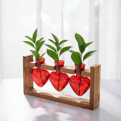 Remerry Red Heart Plant Terrarium with Wooden Stand 3 Heart Glass Vases Planter, Tabletop Propagation Hydroponics Station, Mother's Day Plant Lovers Gift