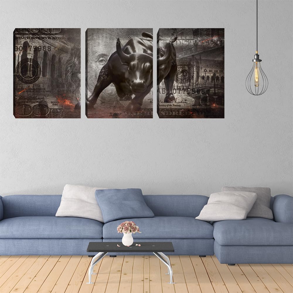 Motivational Wall Art Canvas Print Bull Office Decor 3 Pieces Inspirational Framed Prints Entrepreneur Quotes Decoration Framed Ready to Hang - 36" W x 16" H