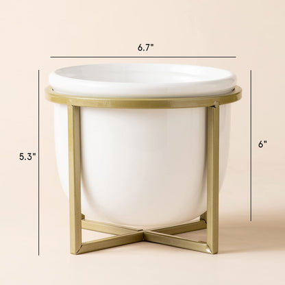 LA JOLIE MUSE Ceramic Flower Plant Pot with Stand - 6.7 Inch White Indoor Planter Pot with Gold Metal Stand for Herbs Orchids Cacti Succulents