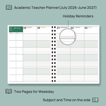 POPRUN Teacher Lesson Planner 2026-2027, (Letter Size - 8.5'' x 11'') Academic Planner July 2026 - June 2027 with Gradebook & Color Monthly Tabs, Thick Paper, 2-Sided Pocket, Leather Cover, Dutch Blue